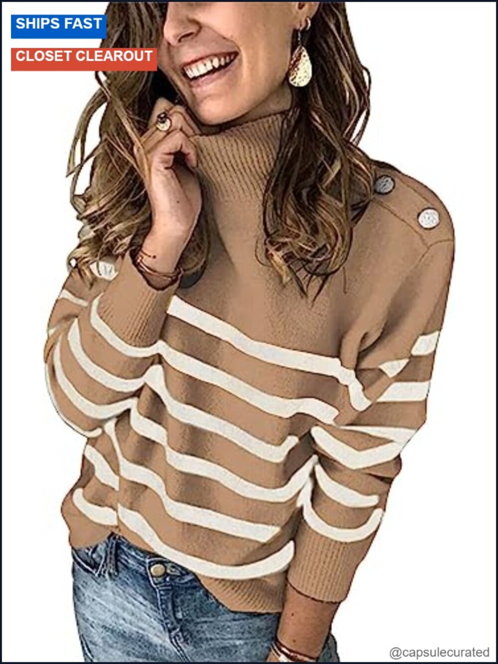 Women's Striped Turtleneck Sweater Long Sleeve Loose Fit Winter Knit Pullover